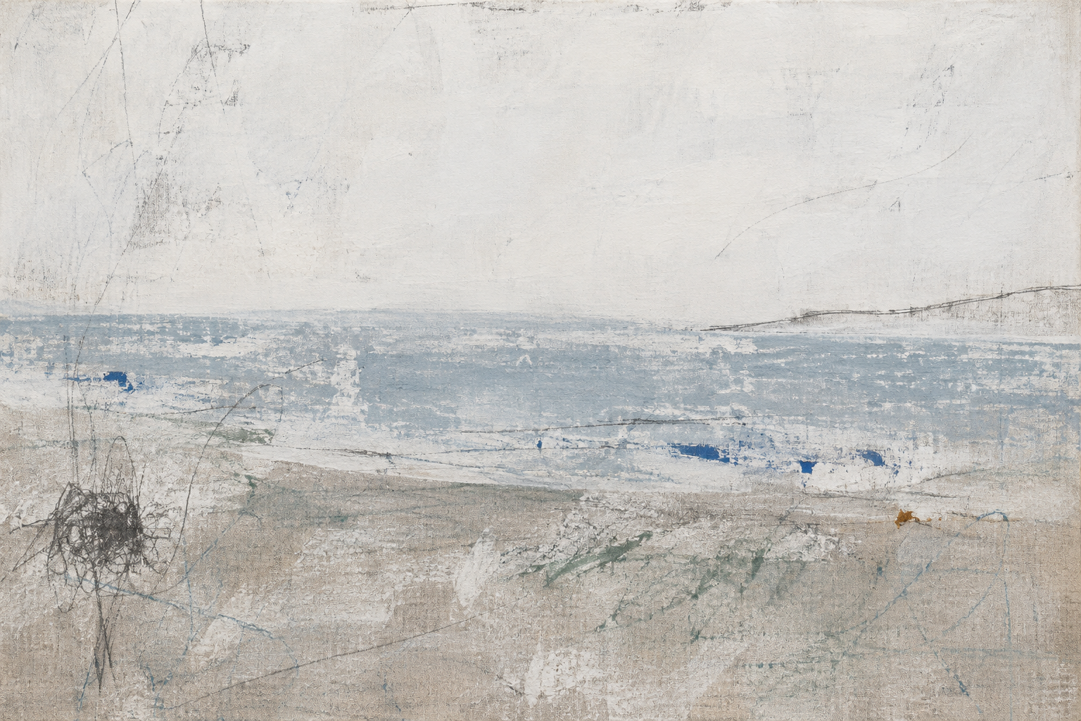 Abstract coastal fields of pale blue, graphite and exposed linen